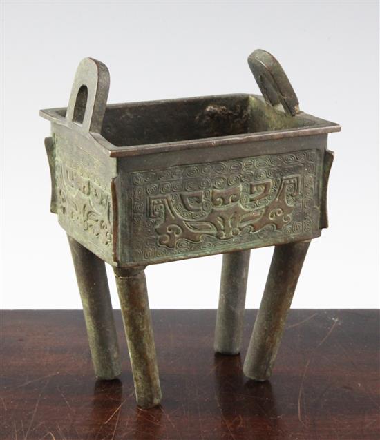 A Chinese bronze rectangular censer, Fang ding, 18th century, height 16.5cm, faults